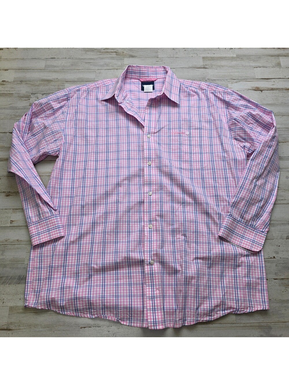 Wrangler Men's XXL Pink Plaid Long Sleeve Button Up Shirt Cotton Blue White 2XL